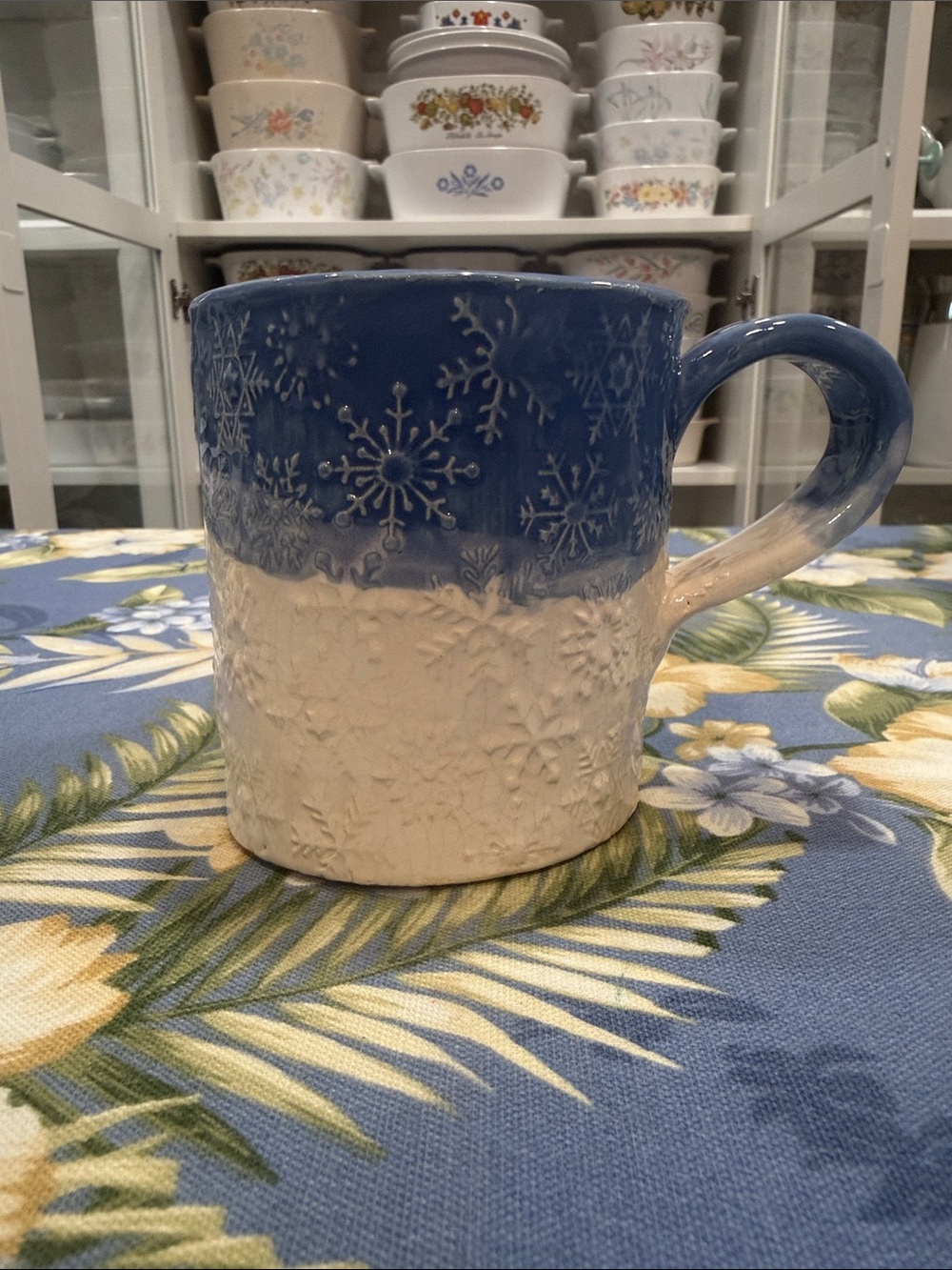 Blue and Cream Snowflake-Textured Ceramic Mug